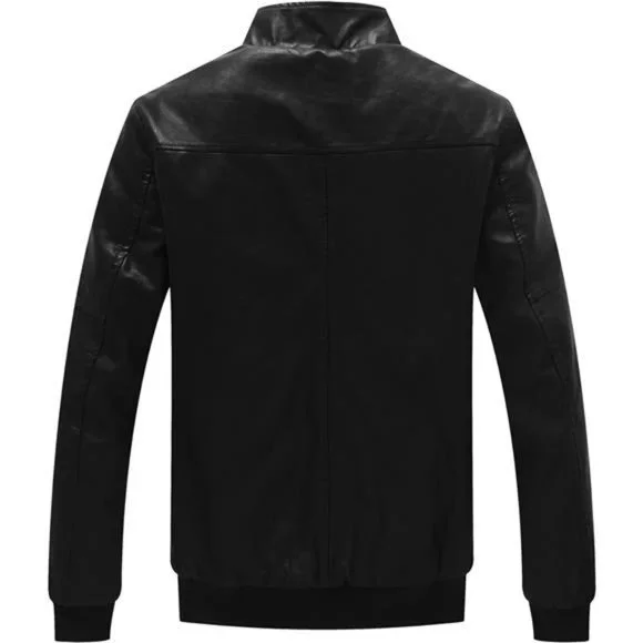Stand Collar Fleece Lined Bomber Faux Leather Jacket For Mens